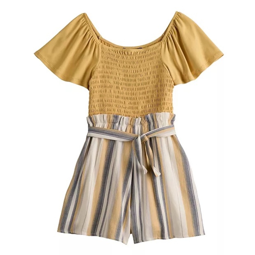Trixxi Girl Yellow Striped Flutter Sleeve Paper Bag Waist Romper Girls Size L 12